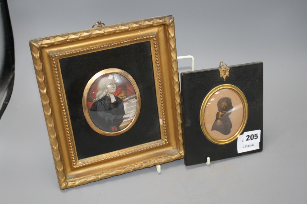 A Victorian oil on ivory miniature of a clergyman & a gilt silhouette of a gentleman by Field